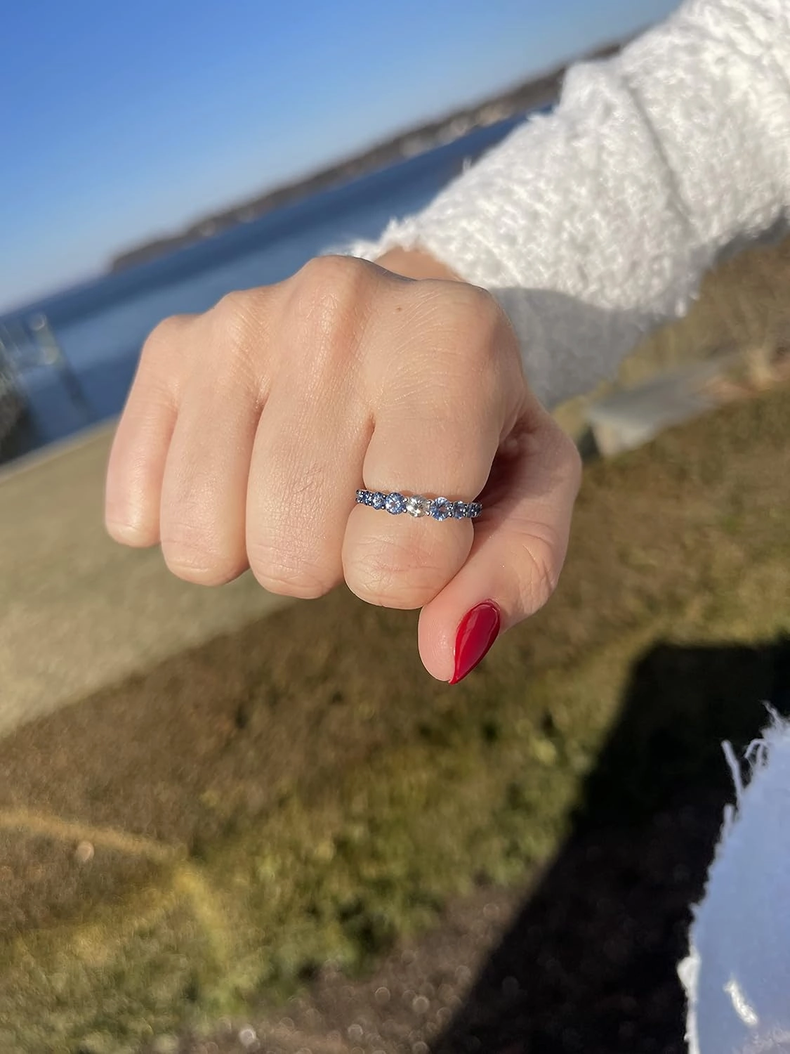 Diamond with White and Blue Sapphire Classic Stackable Band Ring or Earrings for Women in 14k White Gold Promise Anniversary Ring Size 5 to 10 by LeVian
