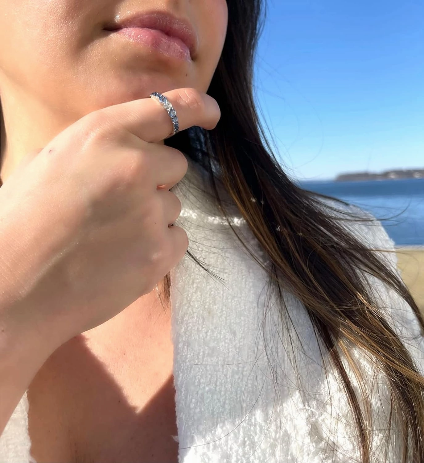 Diamond with White and Blue Sapphire Classic Stackable Band Ring or Earrings for Women in 14k White Gold Promise Anniversary Ring Size 5 to 10 by LeVian