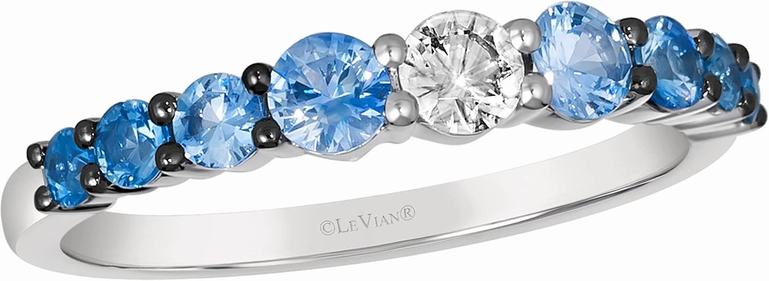 Diamond with White and Blue Sapphire Classic Stackable Band Ring or Earrings for Women in 14k White Gold Promise Anniversary Ring Size 5 to 10 by LeVian