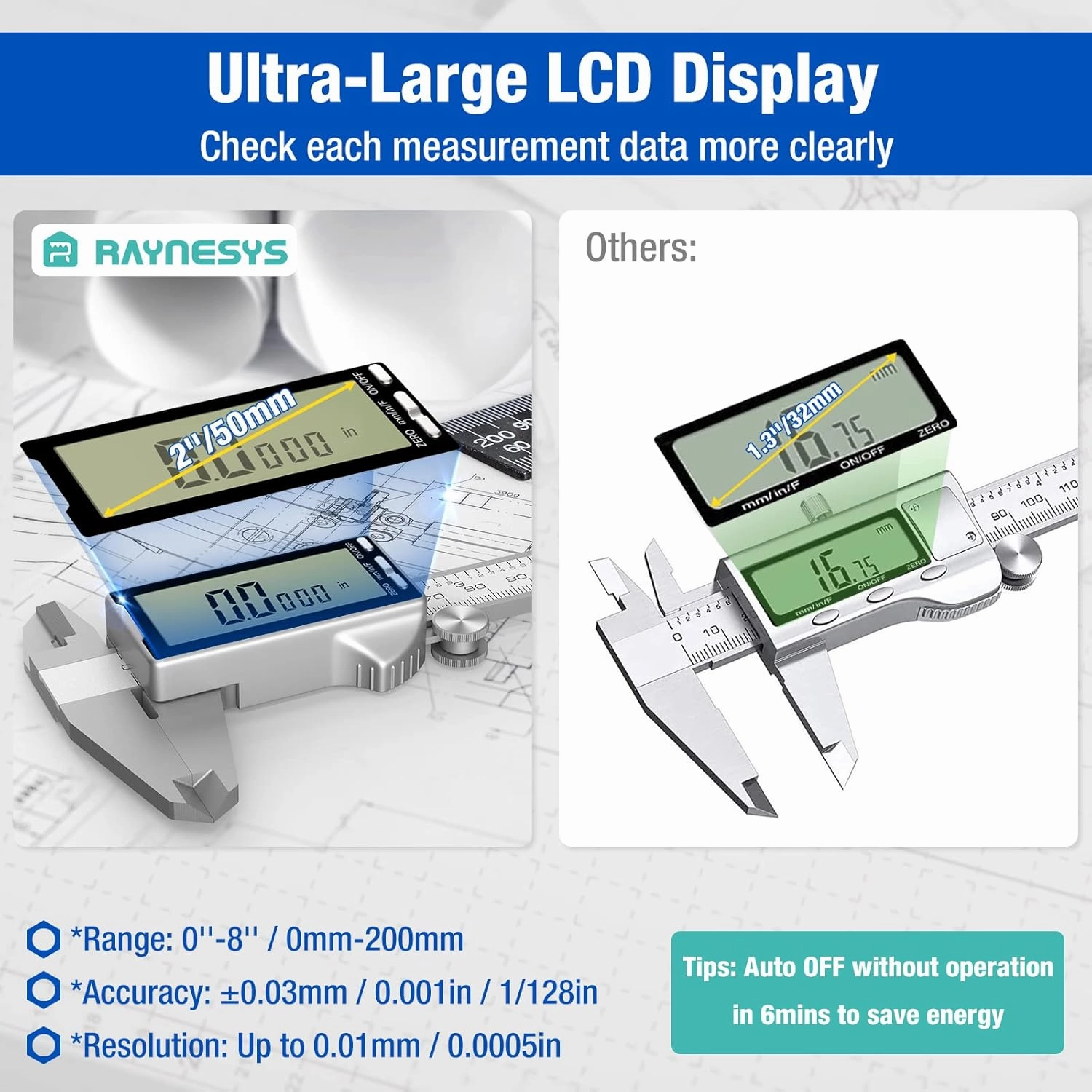Digital Caliper 8 Inch with Large LCD Screen, Inch/MM/Fraction Conversion, 200mm Micrometer Caliper All Stainless Steel Diameter Measuring Tool for Jewelers/Woodworkers/DIY