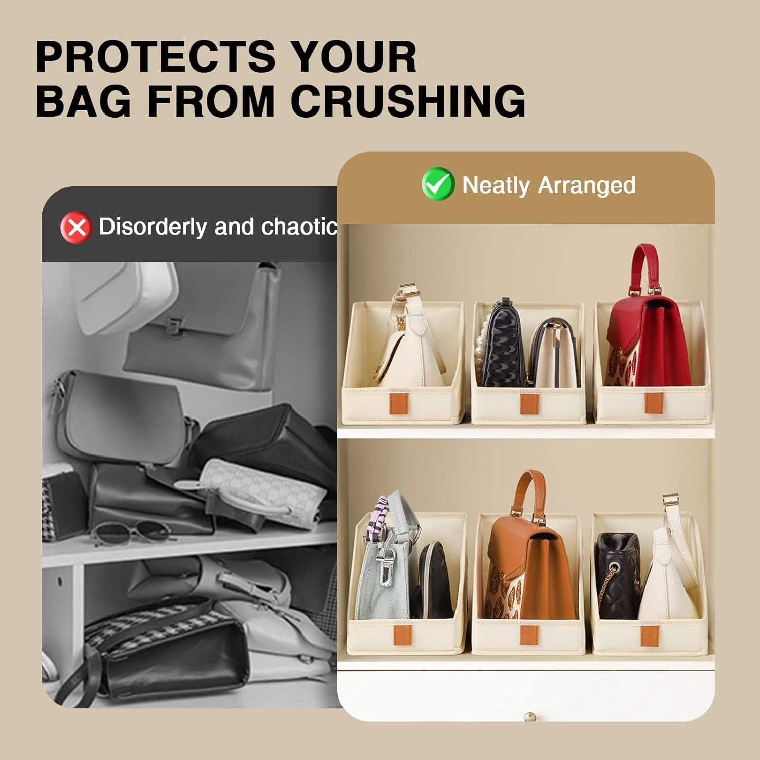 DIMJ Closet Organizers for Purses and Bag Storage, Small Storage Bins Foldable, Storage Baskets for Shelves, Wardrobe, Bedroom, Office - Fabric Cube Storage 6 Pack(Beige, 5.9 x 11.8 x 6.7 in)
