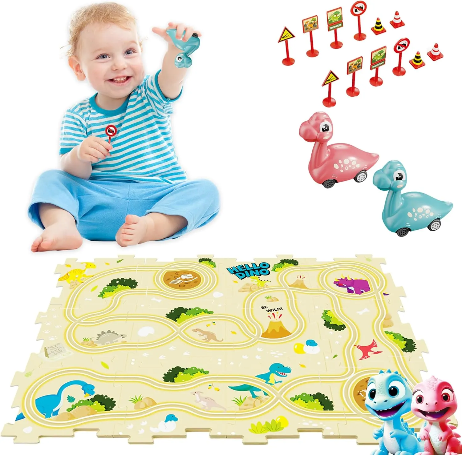 Dinosaur Puzzle Racer Kids Car Track Set, Toys for Ages 2-4 for Kids 3 Year Old Boy Toys Dinosaur Puzzle Track Car PlaySet for 3-5 Toddlers Stocking Stuffers