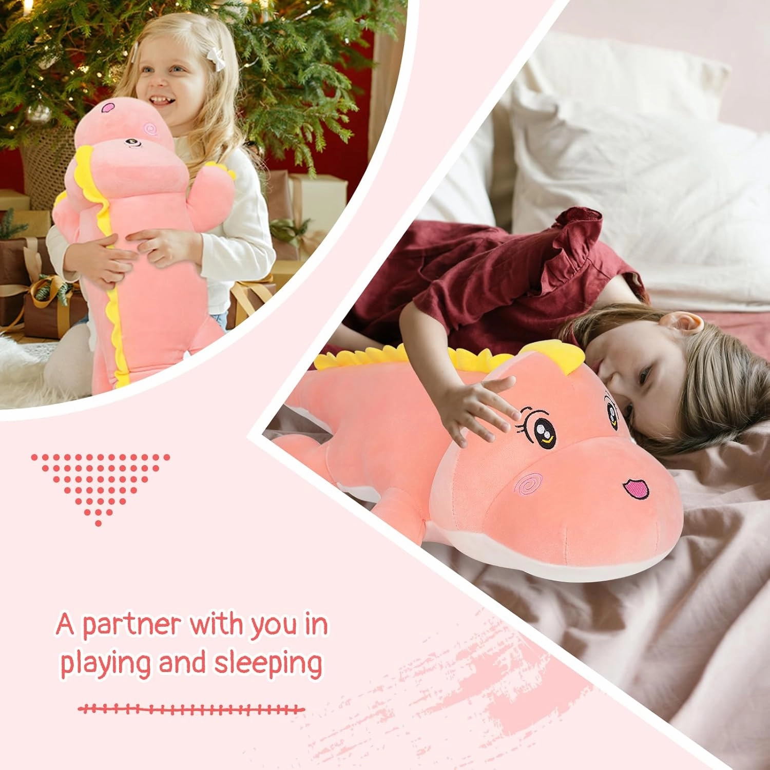 Dinosaur Plush Pillow, Plush Dinosaur Stuffed Animal Toy Soft Hugging Pillow, 39.3 inch Cute Pink Dinosaur Plushie
