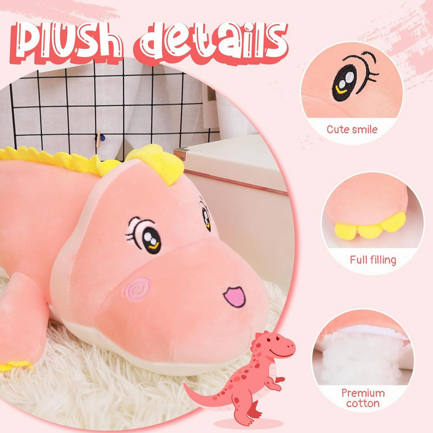 Dinosaur Plush Pillow, Plush Dinosaur Stuffed Animal Toy Soft Hugging Pillow, 39.3 inch Cute Pink Dinosaur Plushie