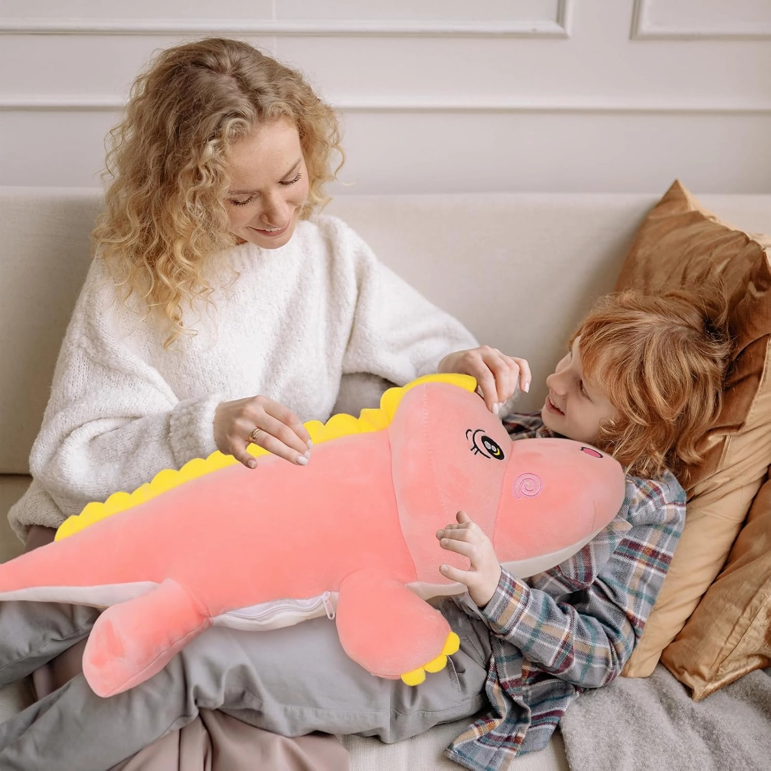 Dinosaur Plush Pillow, Plush Dinosaur Stuffed Animal Toy Soft Hugging Pillow, 39.3 inch Cute Pink Dinosaur Plushie