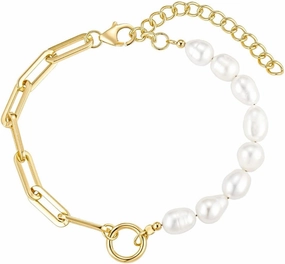 Diva's Women Link Bracelet and Cultured 6.5-7mm Freshwater Pearl Solid 925 Sterling Silver-18kt Gold Plated