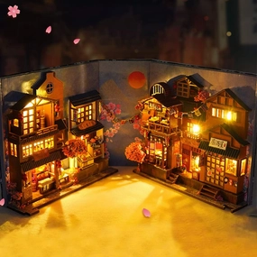 DIY Book Nook Miniature Kit, DIY Dollhouse Booknook Bookshelf Insert Decor Alley, DIY Miniature Houses Kit with Furniture and LED Light, Creative Gift for Birthdays (Cherry Blossom Alley)