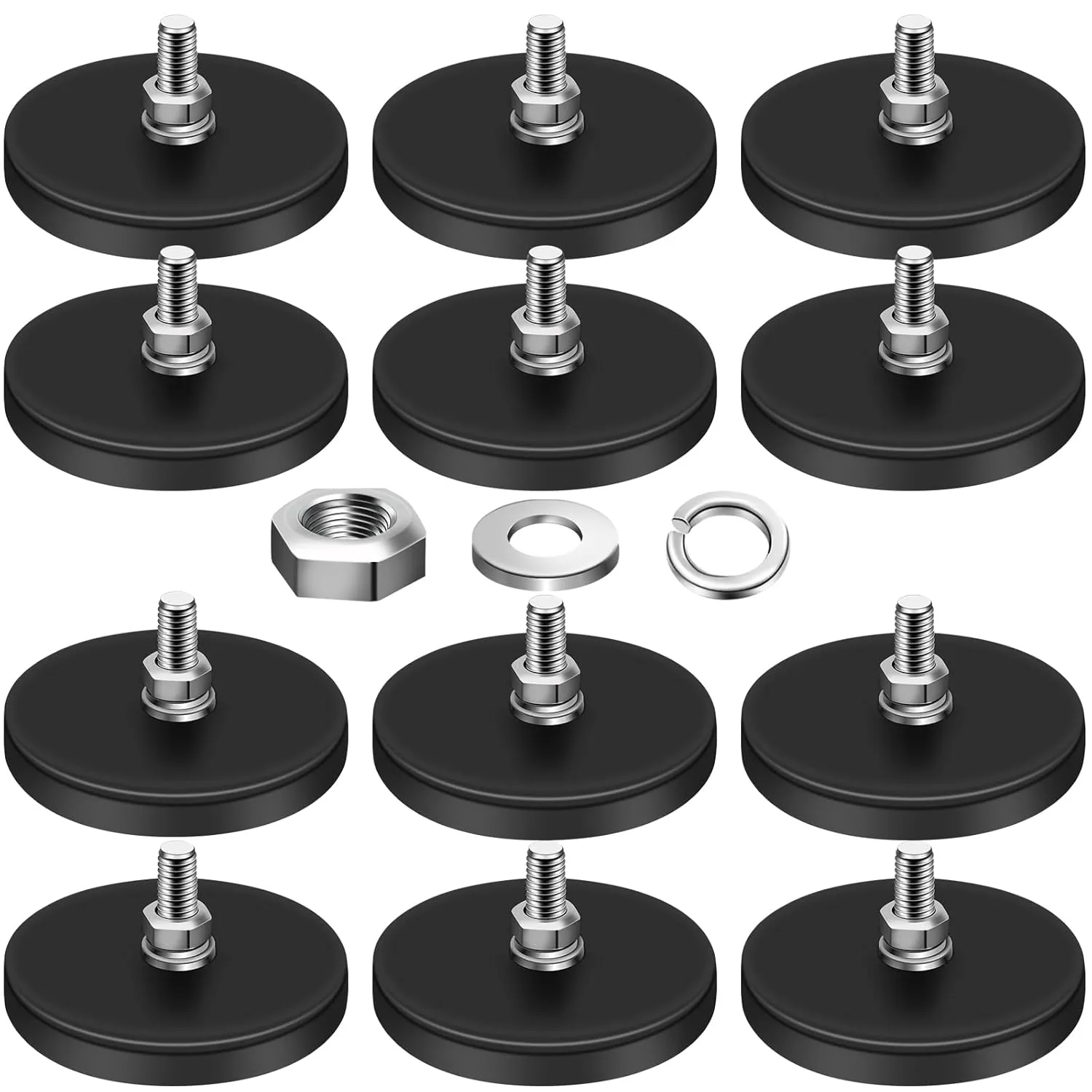 DIYMAG 12Pcs Rubber Coated Magnets, Adhesive Power 30LBS Anti-Scratch Neodymium Large Magnet Base with M5 Threaded Magnet with Bolts and Nuts, Strong Magnets Hold for Light Bar, Mirror, Camera, PTZ