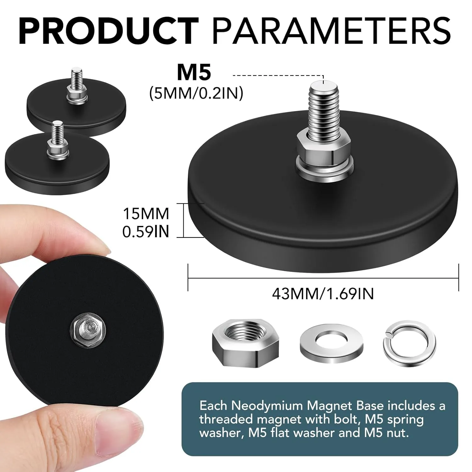 DIYMAG 12Pcs Rubber Coated Magnets, Adhesive Power 30LBS Anti-Scratch Neodymium Large Magnet Base with M5 Threaded Magnet with Bolts and Nuts, Strong Magnets Hold for Light Bar, Mirror, Camera, PTZ