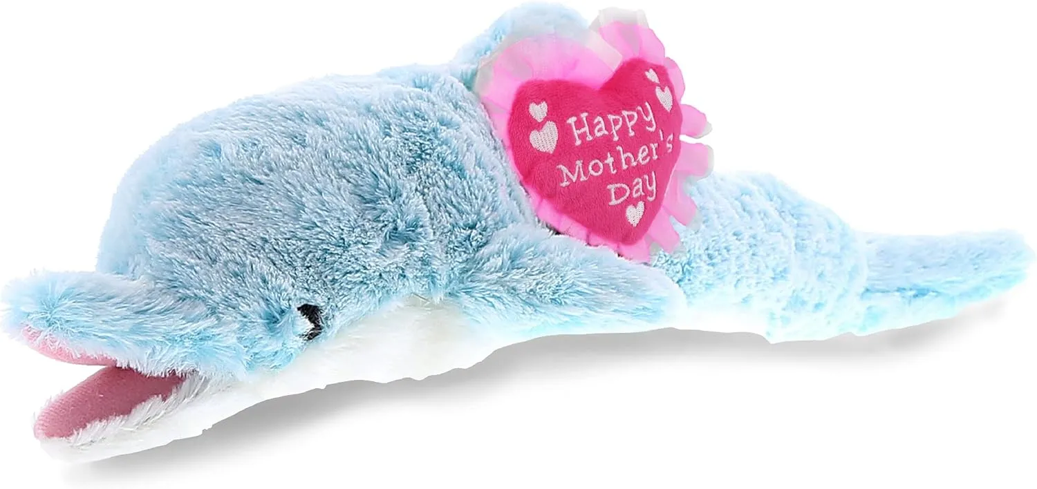 DolliBu Happy Mother's Day Super Soft Plush Blue Dolphin Figure - Cute Stuffed Animal with Pink Heart Message for Best Mommy, Grandma, Wife, Daughter - 18" Inches