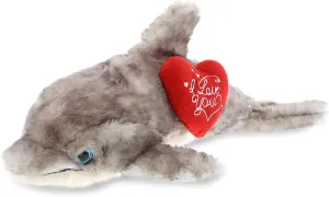 DolliBu I Love You Valentine Plush Grey Dolphin - Cute Stuffed Animal with Red Heart and Name Personalization Gift for Valentines Day, Birthday, Anniversary, Romantic Date - 16.5 Inches