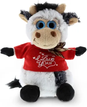 DolliBu I Love You Valentine Plush Sitting Cow - Cute Stuffed Animal with Red Shirt and Name Personalization Gift for Valentines Day, Birthday, Anniversary, Romantic Date - 7 Inches