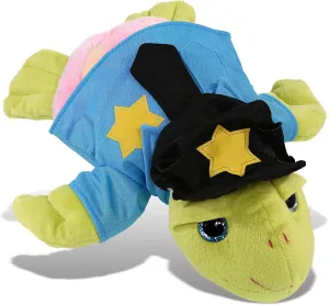 DolliBu Rainbow Green Sea Turtle Police Officer Plush Toy – Super Soft Green Sea Turtle Cop Stuffed Animal Dress Up Cop Uniform and Cap Outfit, Fluffy Policeman Toy Plush Gift for Kids – 10 Inches