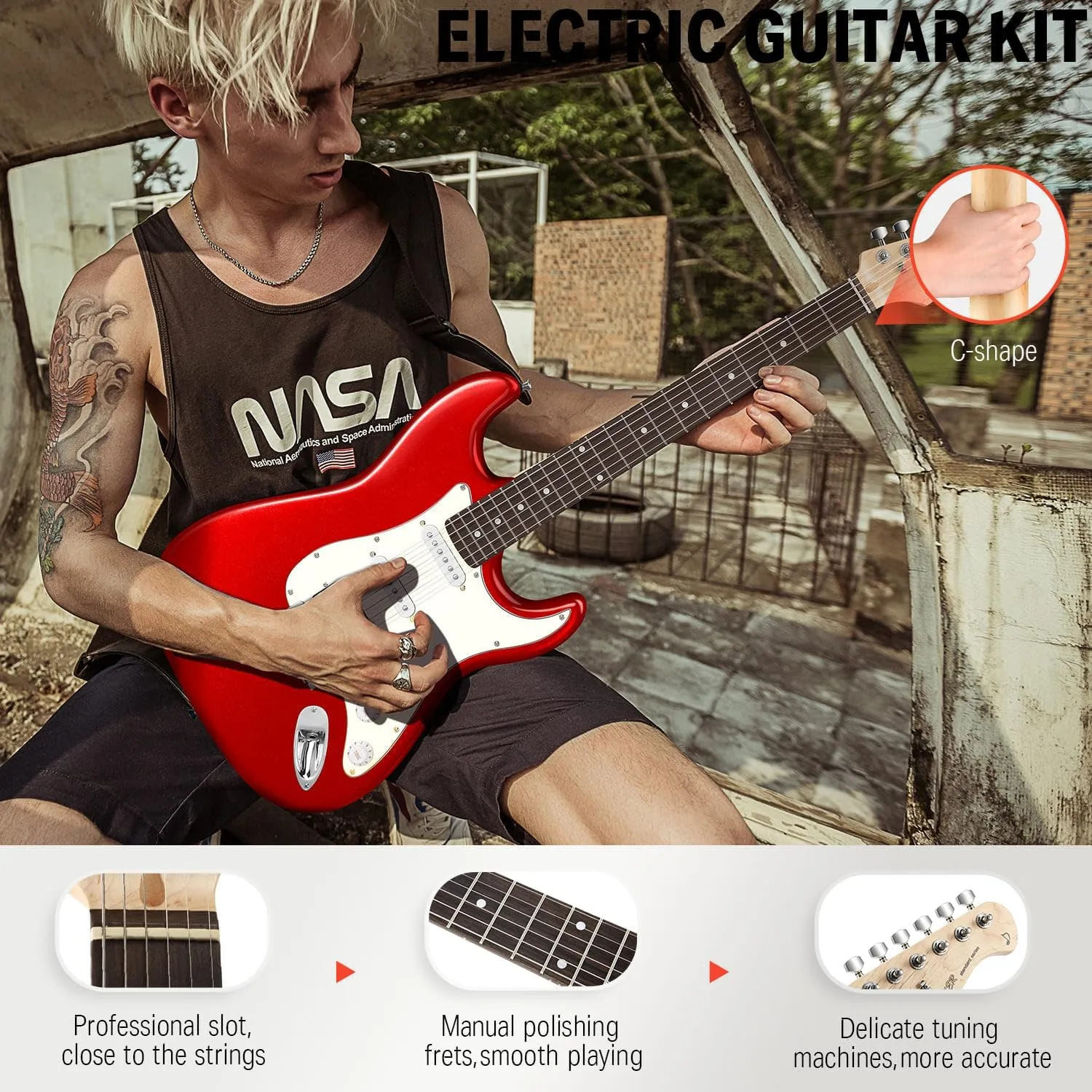 Donner 39-Inch Electric Guitar Starter Kit with Solid Body, HSS Pickup, Accessories, Amplifier, Lessons, and Digital Tuner - Red