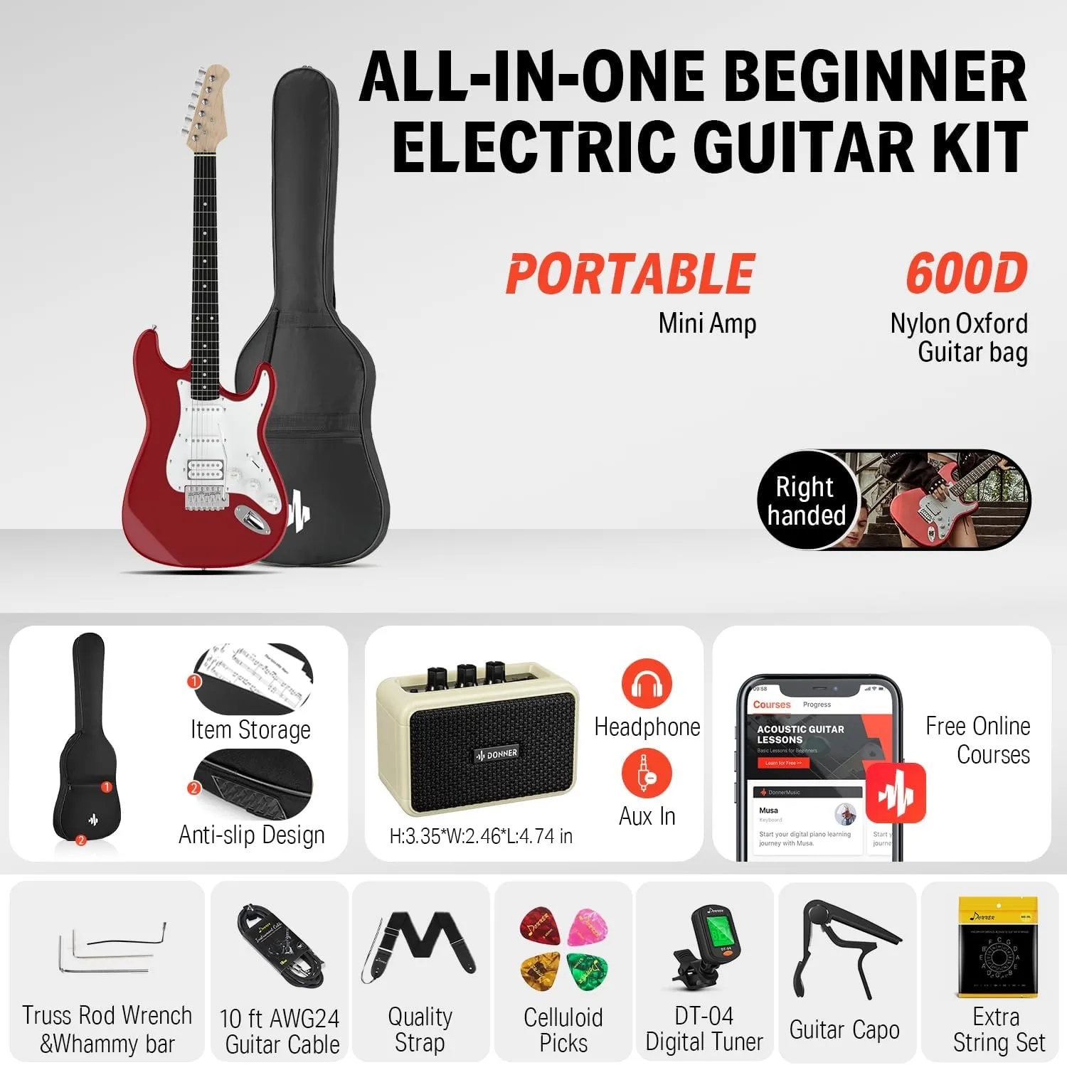 Donner 39-Inch Electric Guitar Starter Kit with Solid Body, HSS Pickup, Accessories, Amplifier, Lessons, and Digital Tuner - Red