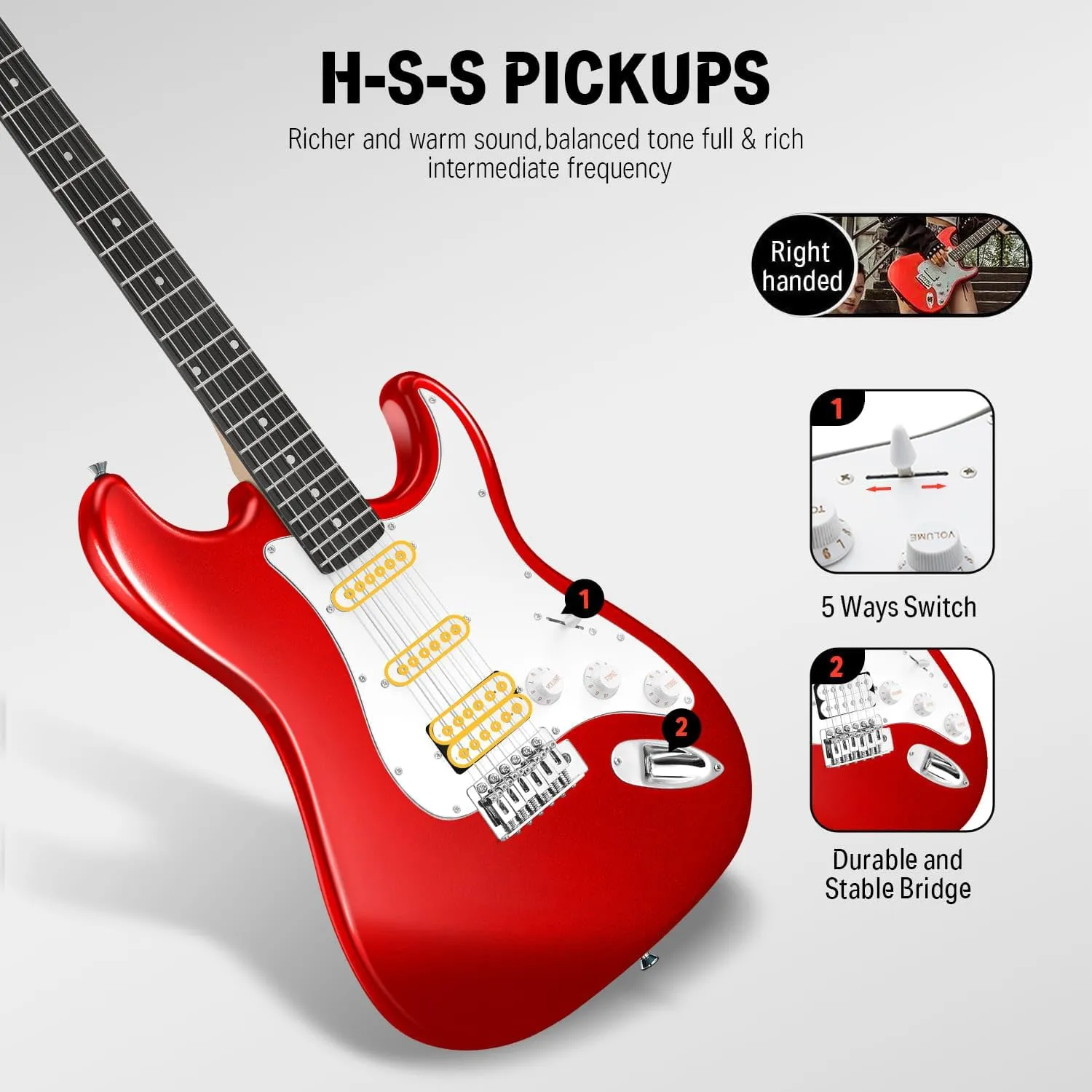 Donner 39-Inch Electric Guitar Starter Kit with Solid Body, HSS Pickup, Accessories, Amplifier, Lessons, and Digital Tuner - Red