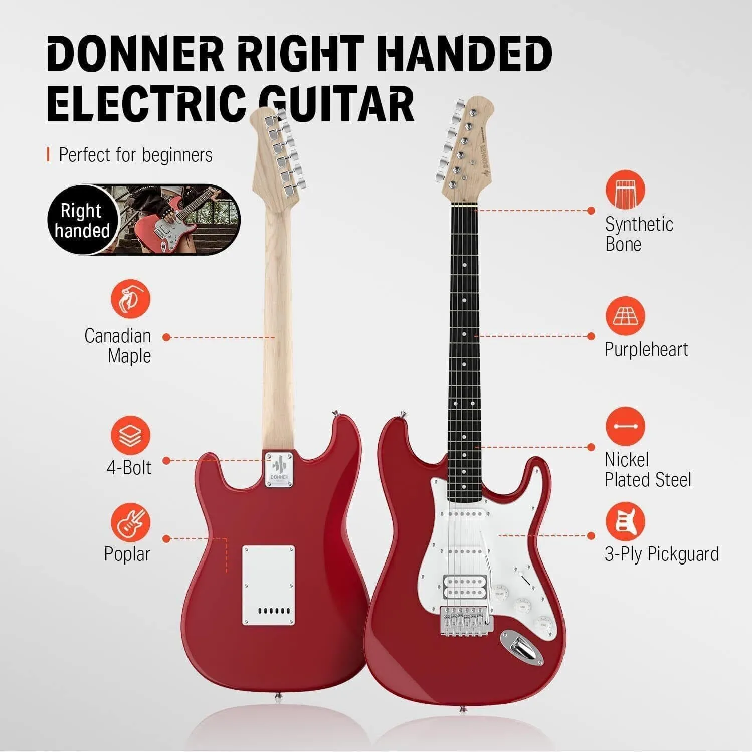 Donner 39-Inch Electric Guitar Starter Kit with Solid Body, HSS Pickup, Accessories, Amplifier, Lessons, and Digital Tuner - Red
