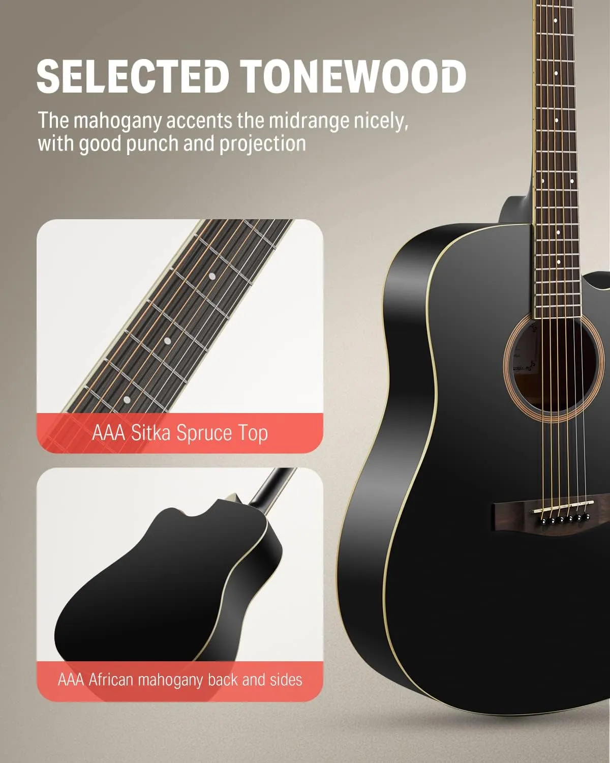 Donner Black Acoustic Guitar for Beginners, Adult, Teens, Starter Kits - Full Size 41'' Steel-String Acustica Guitarra Bundle Set with Free Online Lesson, Gig Bag, Strap, Tuner, Cutaway, DAG-1CB