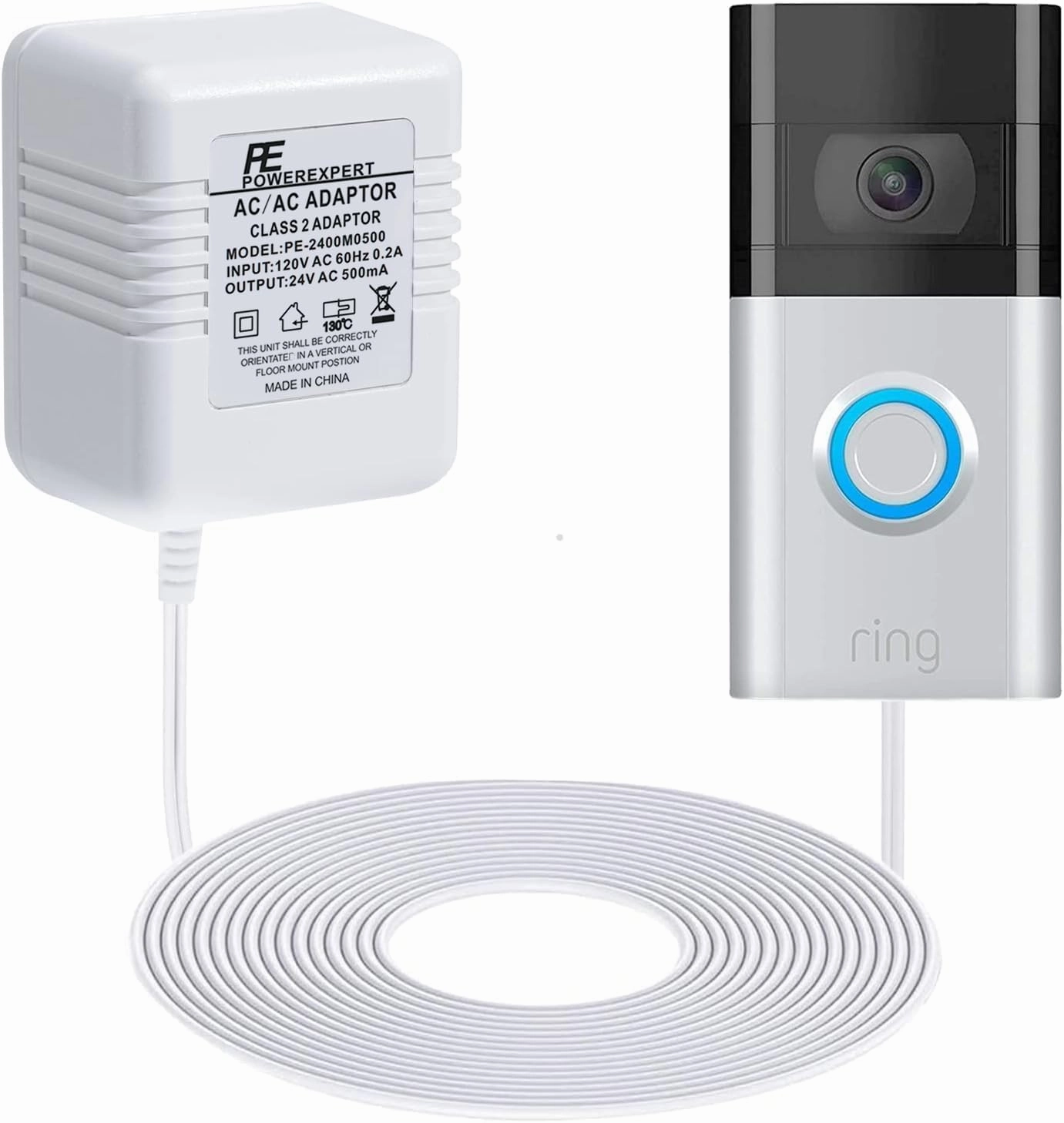 Doorbell Transformer 24V Adapter for Ring Video Doorbell, 16.4ft Long C Wire Power Supply, Compatible with Ring, Nest Hello, Wyze and Eufy Video Doorbells