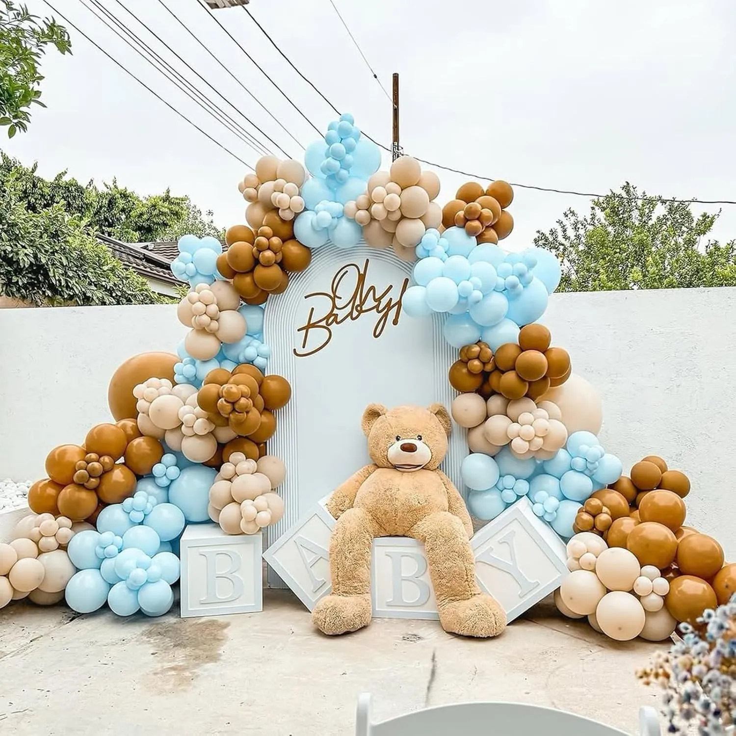 Double Stuffed Brown and Blue Balloon Garland, Nude Tan Beige Light Blue Balloons Arch Kit for Baby Shower Gender Reveal Teddy Bear Birthday Party Decorations