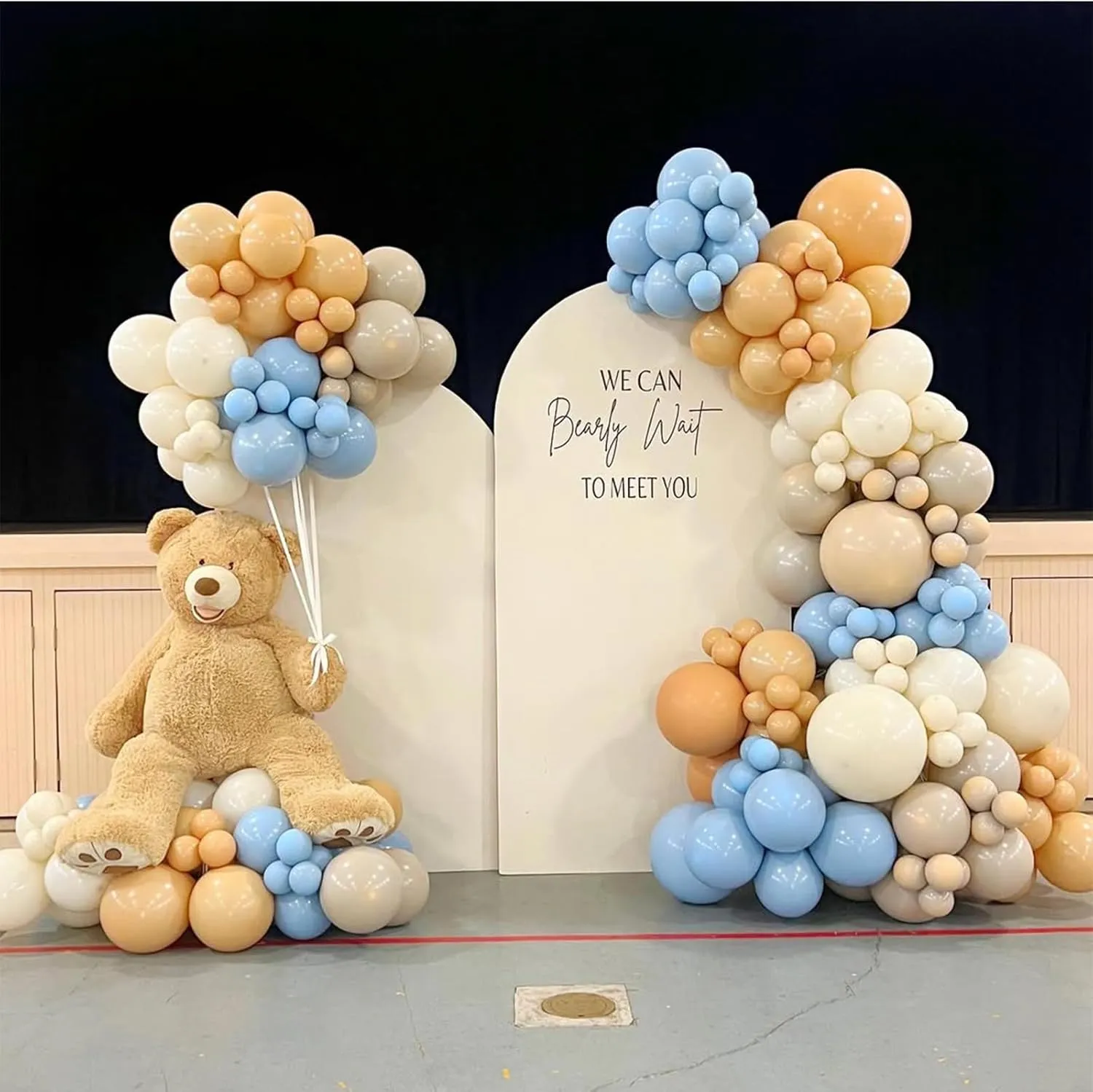 Double Stuffed Brown and Blue Balloon Garland, Nude Tan Beige Light Blue Balloons Arch Kit for Baby Shower Gender Reveal Teddy Bear Birthday Party Decorations