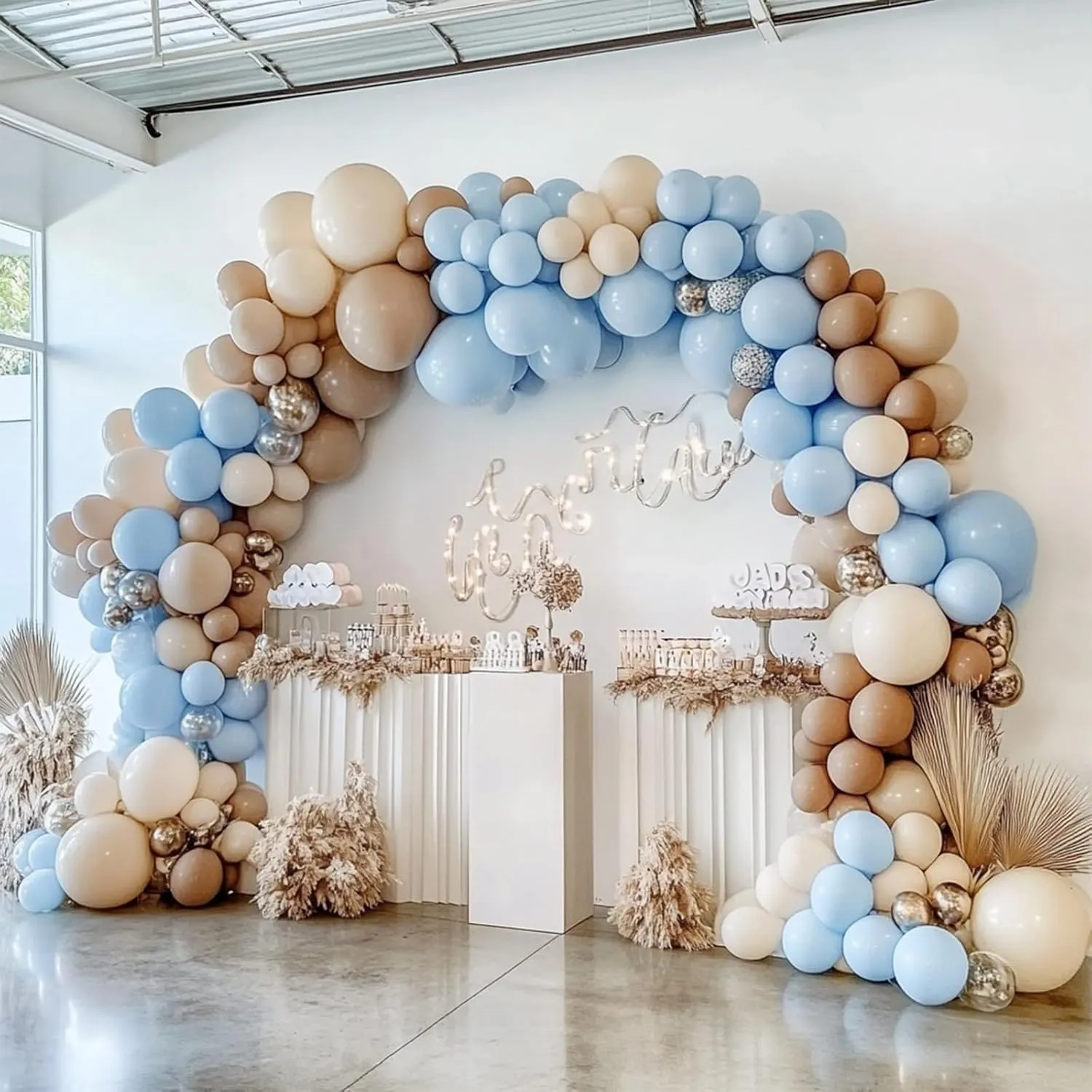 Double Stuffed Brown and Blue Balloon Garland, Nude Tan Beige Light Blue Balloons Arch Kit for Baby Shower Gender Reveal Teddy Bear Birthday Party Decorations