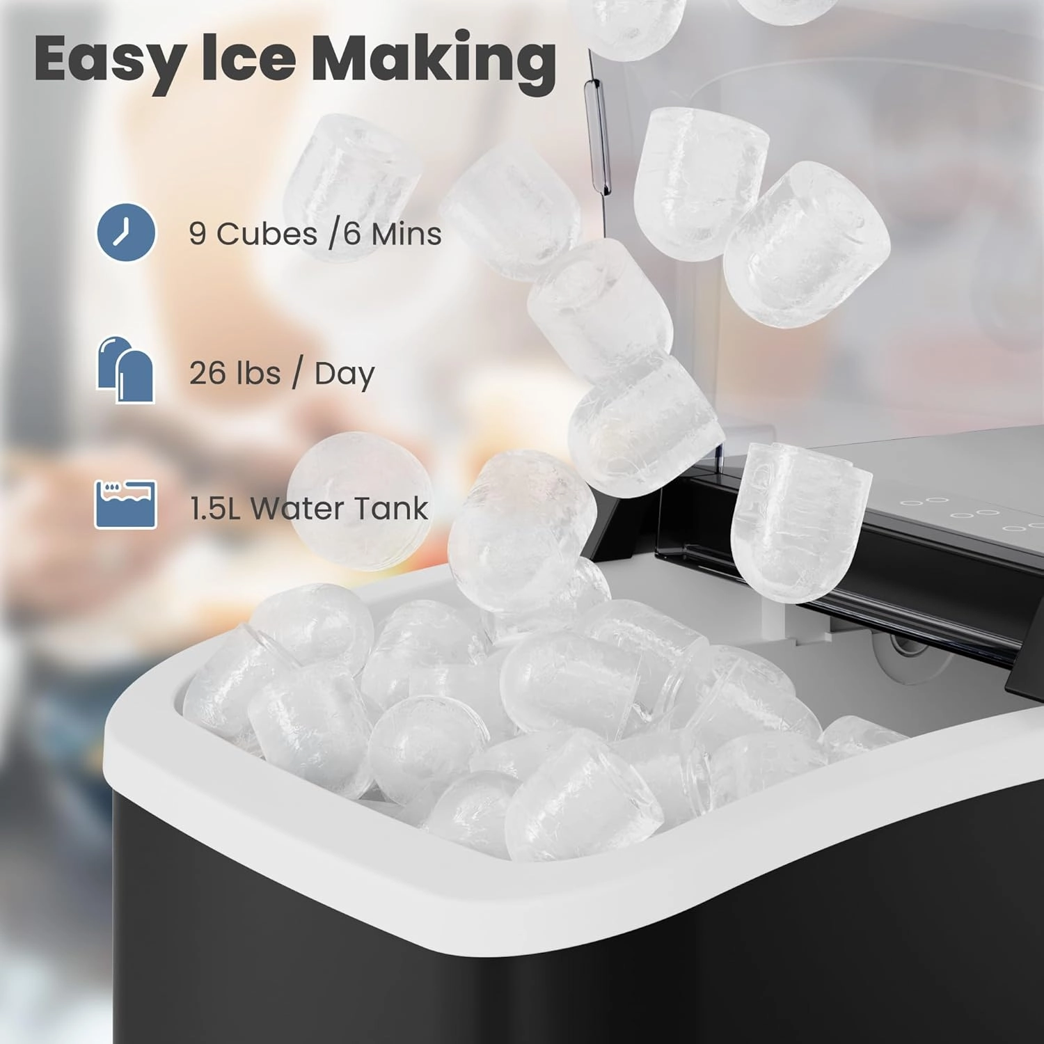 DUMOS Fast & Quiet Ice Maker for Countertop – 9 Bullet Cubes in 6 Mins, 26lbs/Day, Self-Cleaning Portable Ice Machine with Handle for Home, Kitchen, Dorm, Black