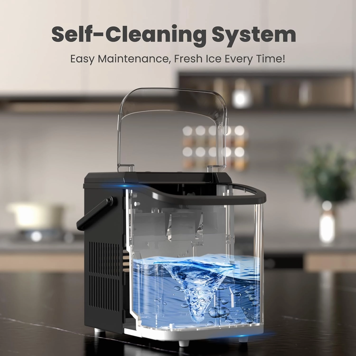 DUMOS Fast & Quiet Ice Maker for Countertop – 9 Bullet Cubes in 6 Mins, 26lbs/Day, Self-Cleaning Portable Ice Machine with Handle for Home, Kitchen, Dorm, Black