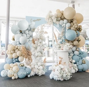 Dusty Blue White Sand Balloon Garland Double Stuffed Pastel Light Blue Cream Balloon Arch Kit with Beige Gold Color for Neutral Baby Shower Wedding Birthday Easter Party Decoration