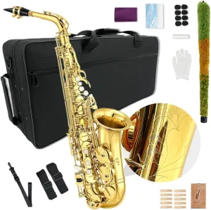 E Flat Alto Saxophone For Beginners & Professional Saxophones Student Alto Sax With Carrying Sax Case Mouthpiece Straps 10 Reeds Saxophone Beginner Kit