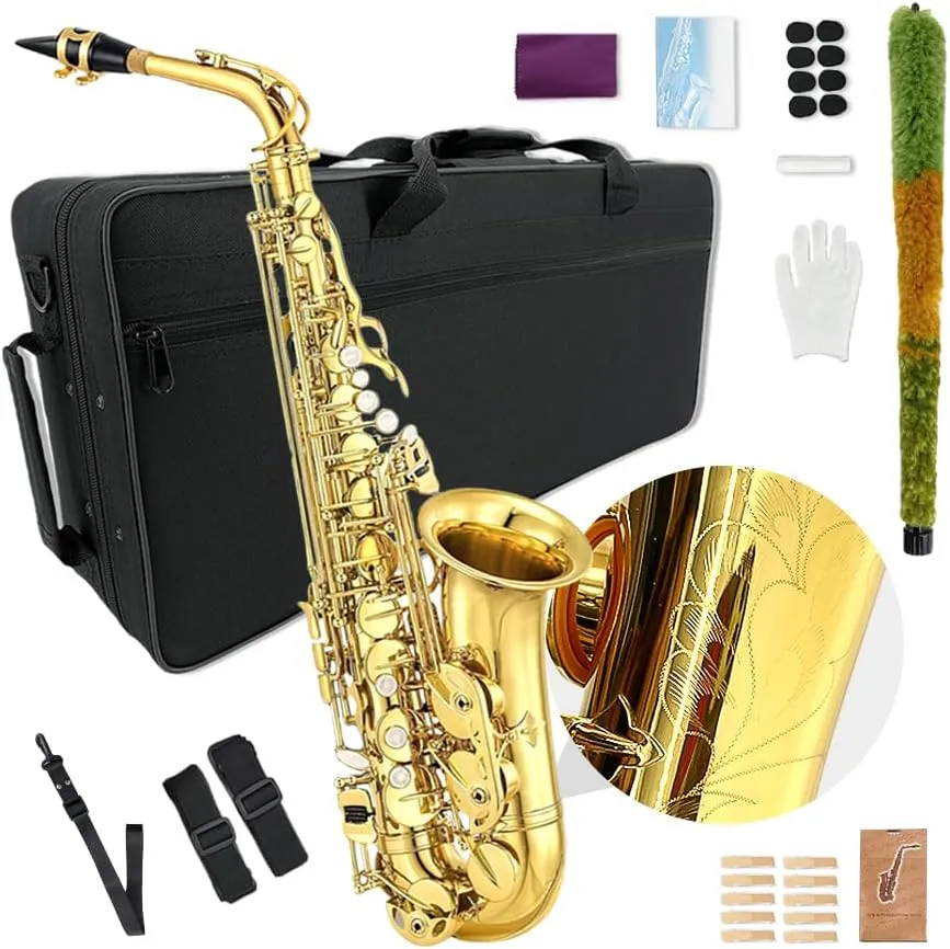 E Flat Alto Saxophone For Beginners & Professional Saxophones Student Alto Sax With Carrying Sax Case Mouthpiece Straps 10 Reeds Saxophone Beginner Kit