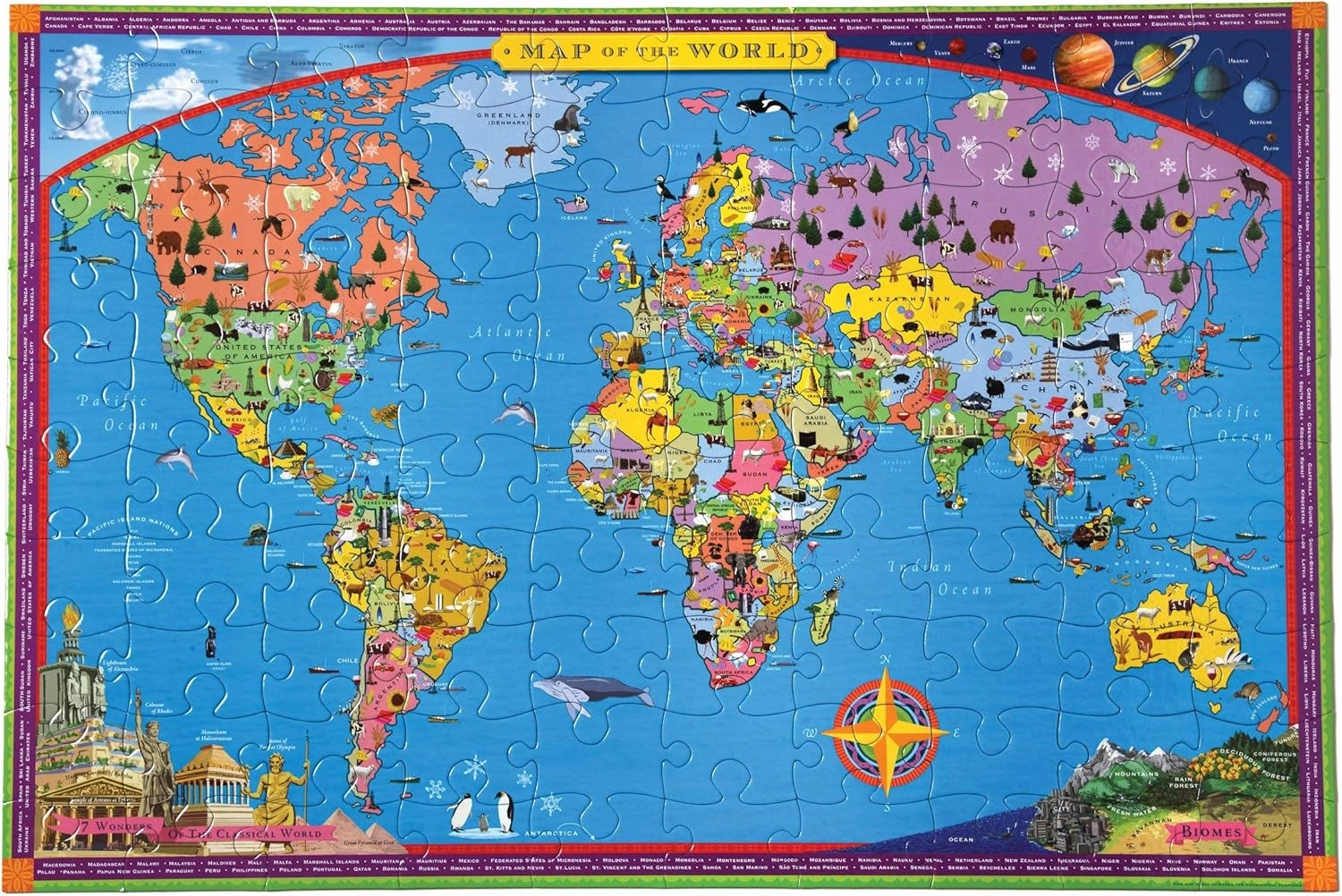 eeBoo: World Map 100 Piece Puzzle, Provides Wanderlust to All Ages, 100 Glossy Pieces That Fit and Snap Together with Ease, Includes a Legends and Icons Glossary, Perfect for Ages 5 and up