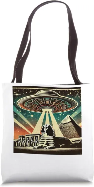 Egypt UFO Sphinx Night Lights Beam Retro Graphic Tote Bag