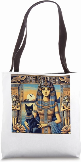 Egypt Queen Standing With Cat Temple Hieroglyph Poster Tote Bag
