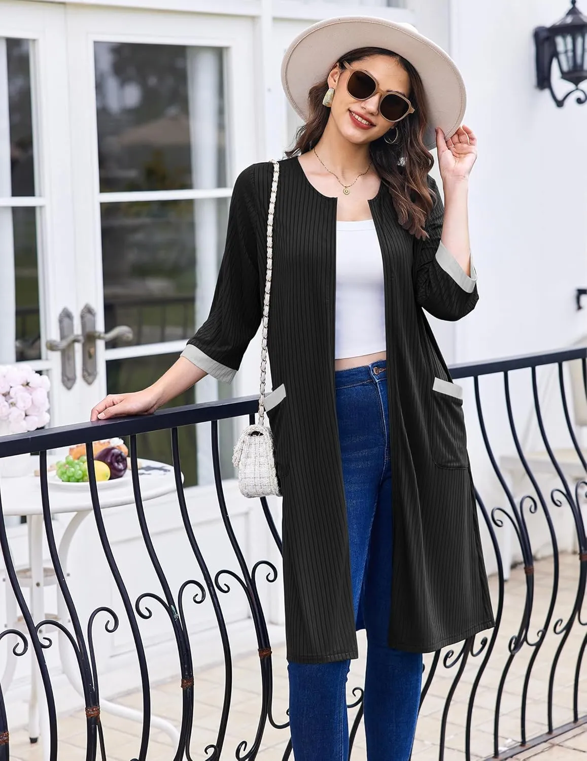 Ekouaer Womens Zipper Robe 3/4 Sleeve Ribbed Knit Short Housecoat Lightweight Knee Length Bathrobe with Pockets S-3XL
