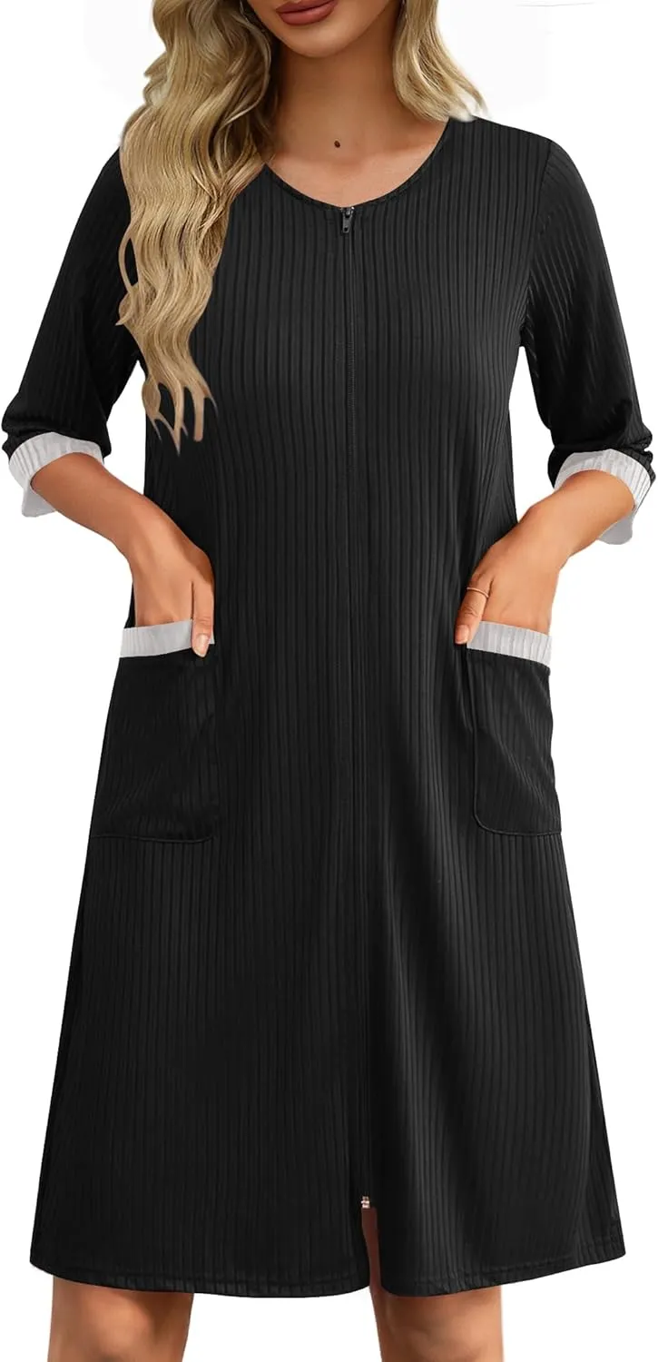 Ekouaer Womens Zipper Robe 3/4 Sleeve Ribbed Knit Short Housecoat Lightweight Knee Length Bathrobe with Pockets S-3XL