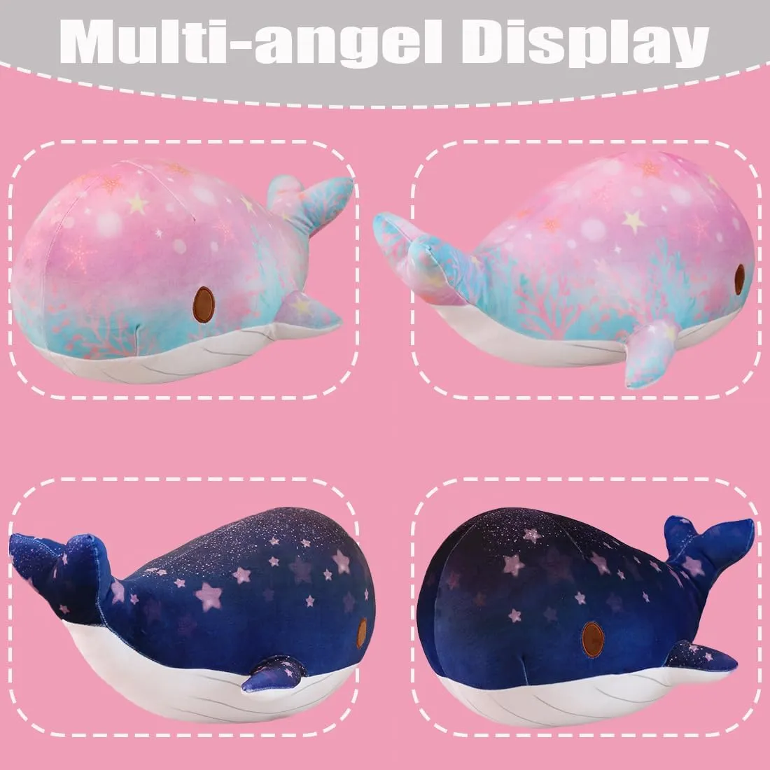 ELAINREN Chubby Pink Whale Plush Pillow Ultra-Soft Colorful Dolphin Stuffed Ocean Toy Fluffy Whale Shark Plushie Cushion/19.6''x12.9''x11''