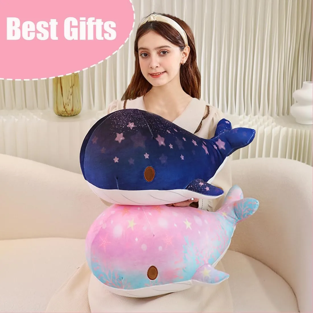 ELAINREN Chubby Pink Whale Plush Pillow Ultra-Soft Colorful Dolphin Stuffed Ocean Toy Fluffy Whale Shark Plushie Cushion/19.6''x12.9''x11''