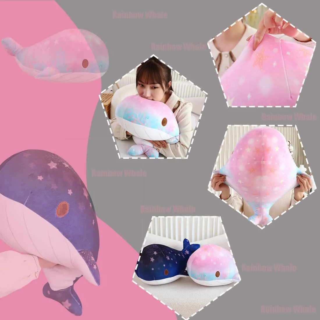 ELAINREN Chubby Pink Whale Plush Pillow Ultra-Soft Colorful Dolphin Stuffed Ocean Toy Fluffy Whale Shark Plushie Cushion/19.6''x12.9''x11''