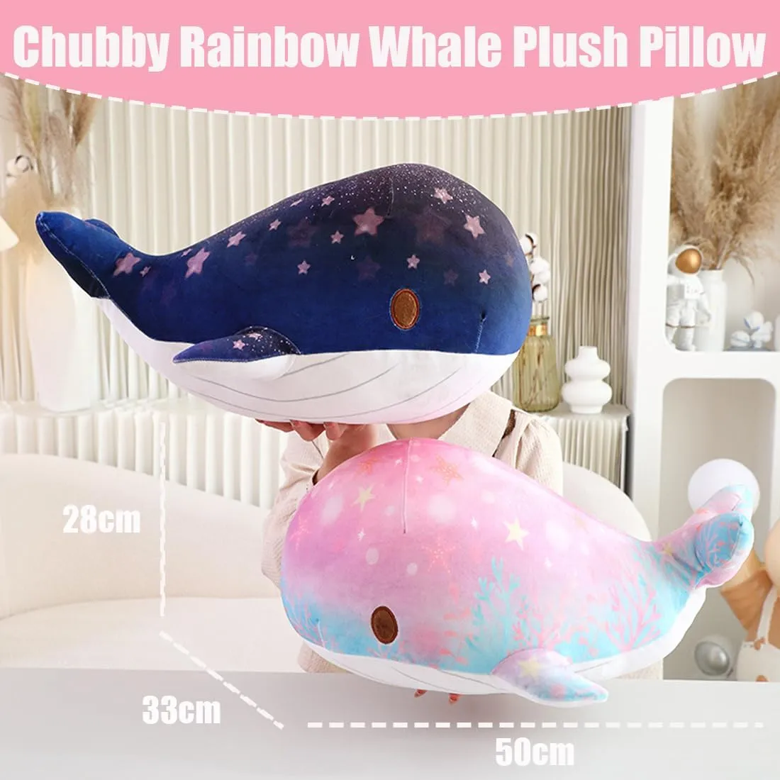 ELAINREN Chubby Pink Whale Plush Pillow Ultra-Soft Colorful Dolphin Stuffed Ocean Toy Fluffy Whale Shark Plushie Cushion/19.6''x12.9''x11''