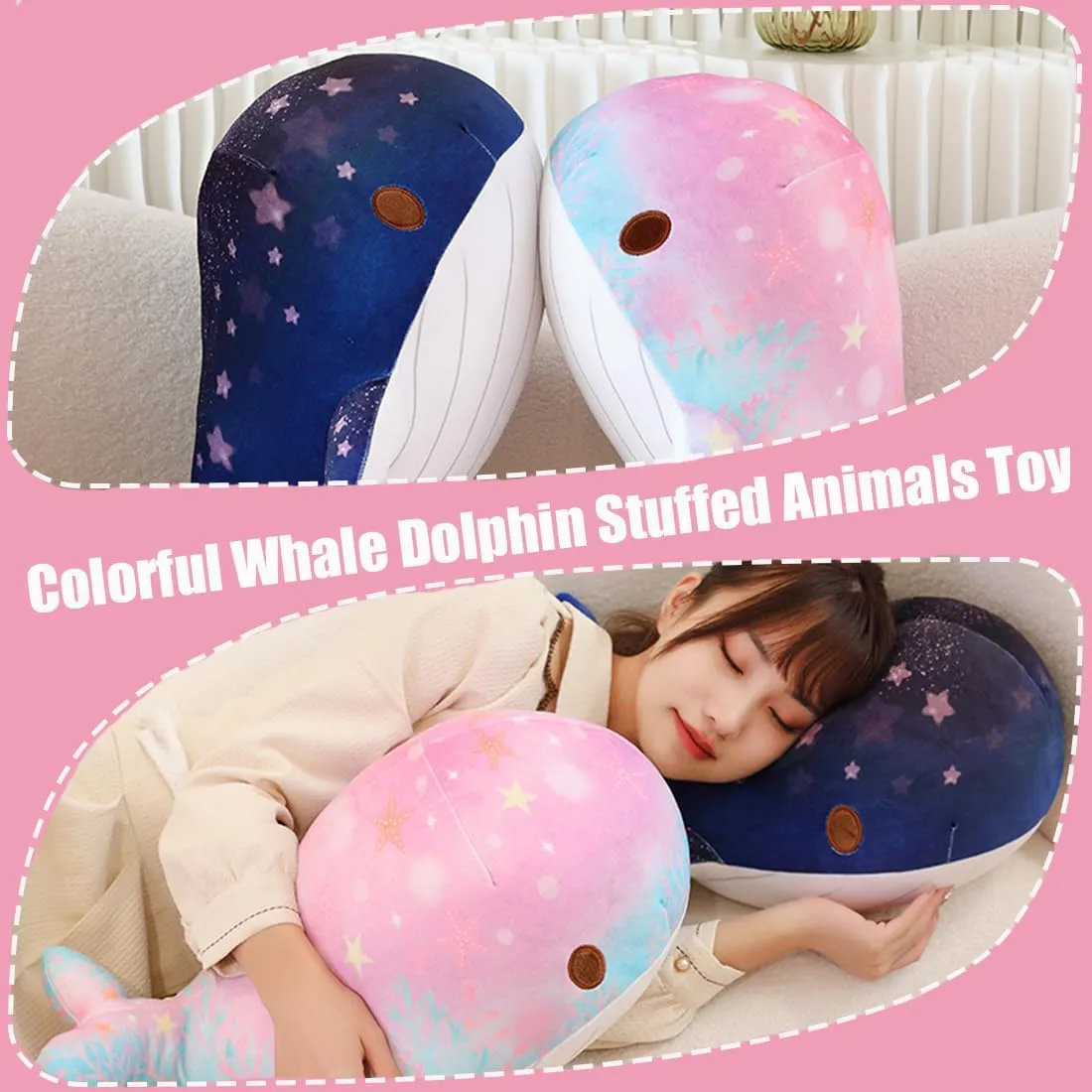 ELAINREN Chubby Pink Whale Plush Pillow Ultra-Soft Colorful Dolphin Stuffed Ocean Toy Fluffy Whale Shark Plushie Cushion/19.6''x12.9''x11''