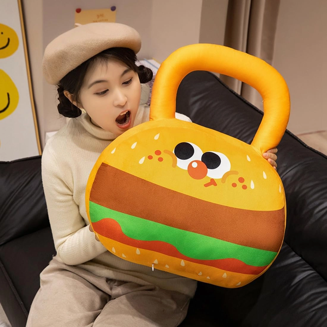 ELAINREN Lifelike Kettlebell Plush Pillow Soft 3D Hamburger Pattern Kettlebell Stuffed Toy Funny Sport Kettlebell Plushies Cushion/21.6''