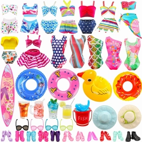 ENOCHT 31 Pcs Doll Swimwear Clothes and Accessories Including 10 Bikini Swimsuit, 2 Swimming Ring, 1 Surf Skateboard, 1 Drink, 1 Bucket,2 Hat and 10 pcs Shoes for 11.5 inch Doll