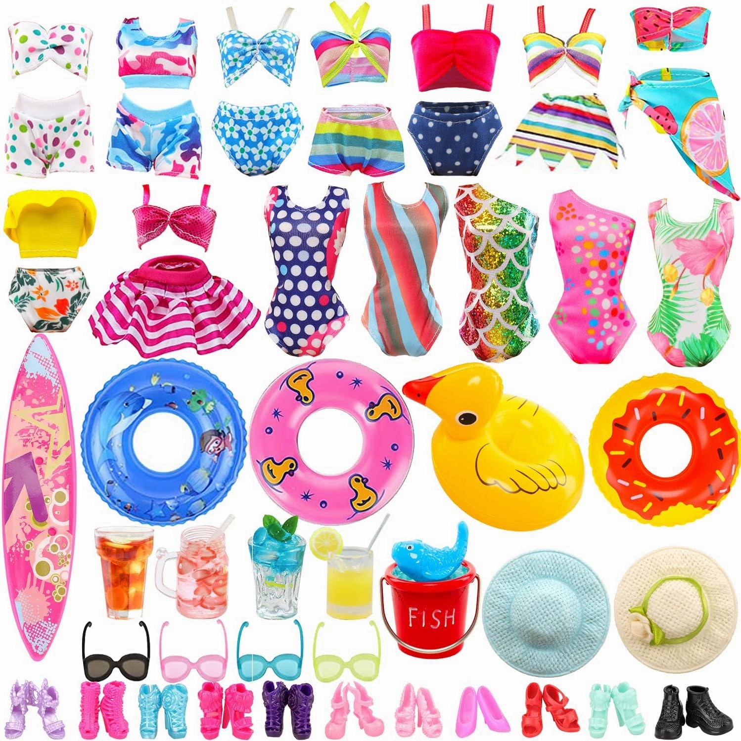 ENOCHT 31 Pcs Doll Swimwear Clothes and Accessories Including 10 Bikini Swimsuit, 2 Swimming Ring, 1 Surf Skateboard, 1 Drink, 1 Bucket,2 Hat and 10 pcs Shoes for 11.5 inch Doll