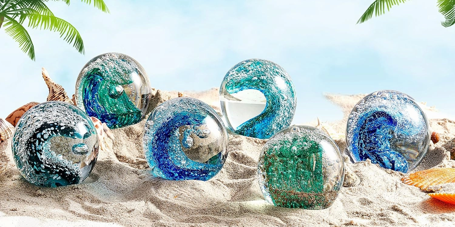 EUSTUMA Hand Blown Glass Figurines Ball Ocean Waves,Paperweight Glass Ball,Home Decor Collectible,Aquarium Decor,Office Decor Ocean Lovers
