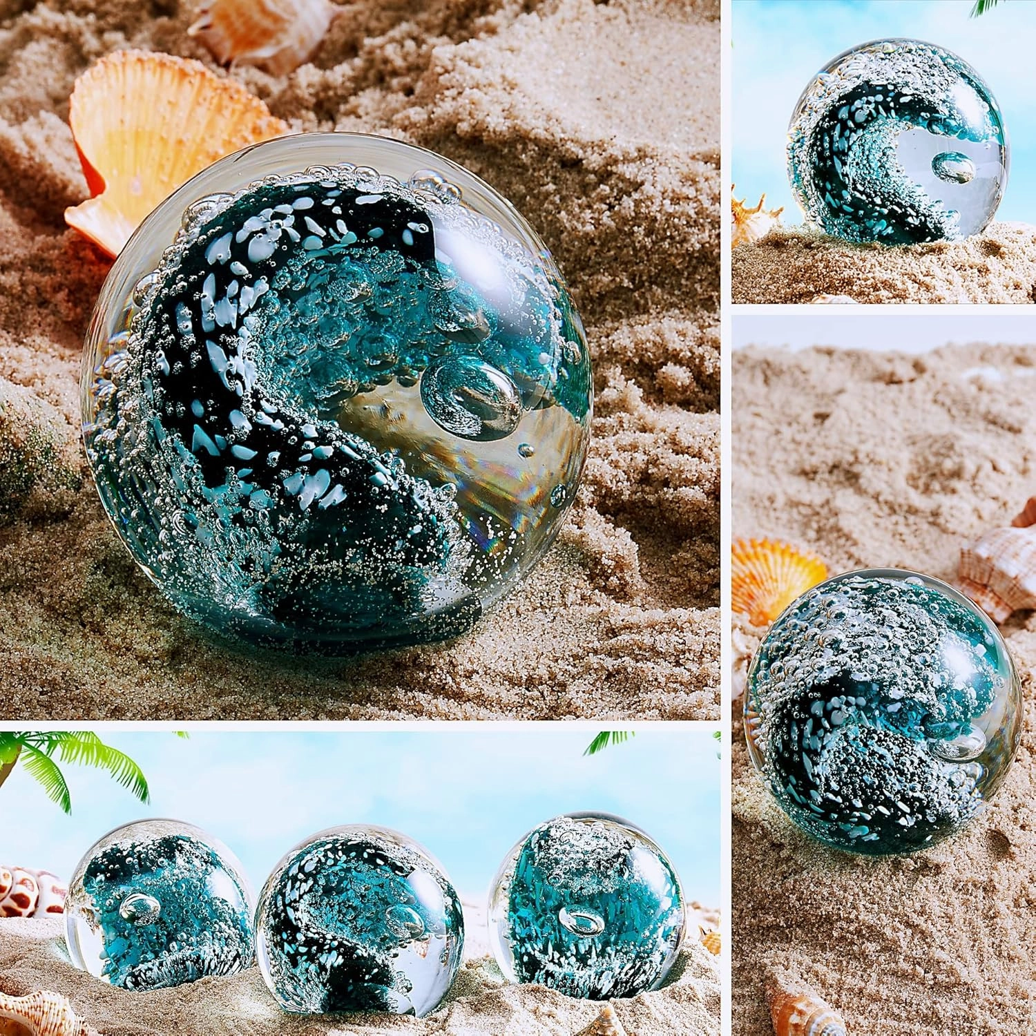 EUSTUMA Hand Blown Glass Figurines Ball Ocean Waves,Paperweight Glass Ball,Home Decor Collectible,Aquarium Decor,Office Decor Ocean Lovers