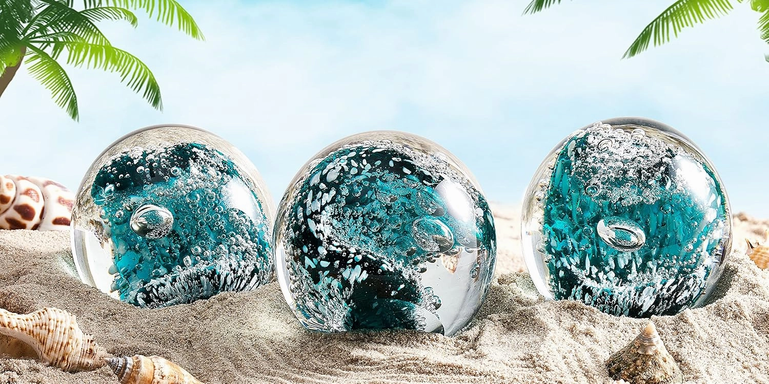 EUSTUMA Hand Blown Glass Figurines Ball Ocean Waves,Paperweight Glass Ball,Home Decor Collectible,Aquarium Decor,Office Decor Ocean Lovers