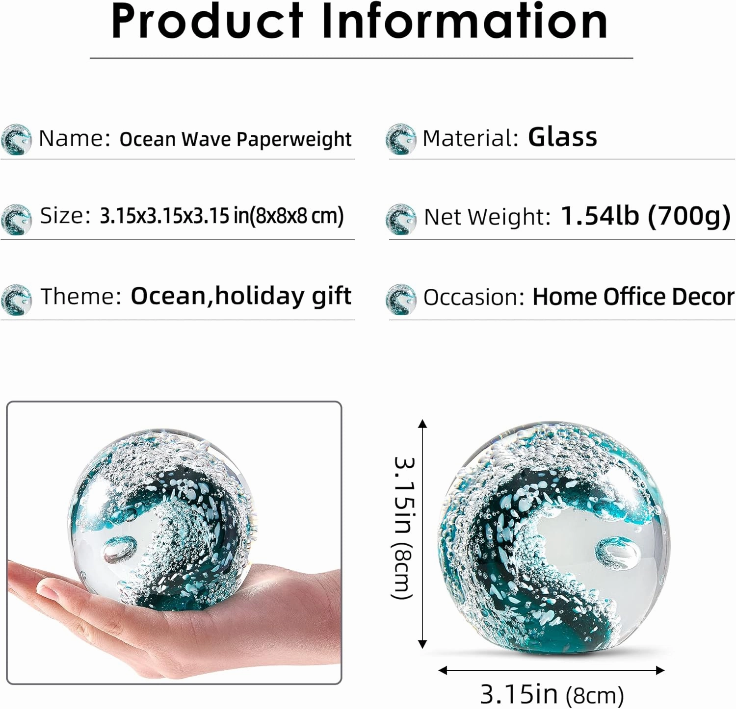 EUSTUMA Hand Blown Glass Figurines Ball Ocean Waves,Paperweight Glass Ball,Home Decor Collectible,Aquarium Decor,Office Decor Ocean Lovers