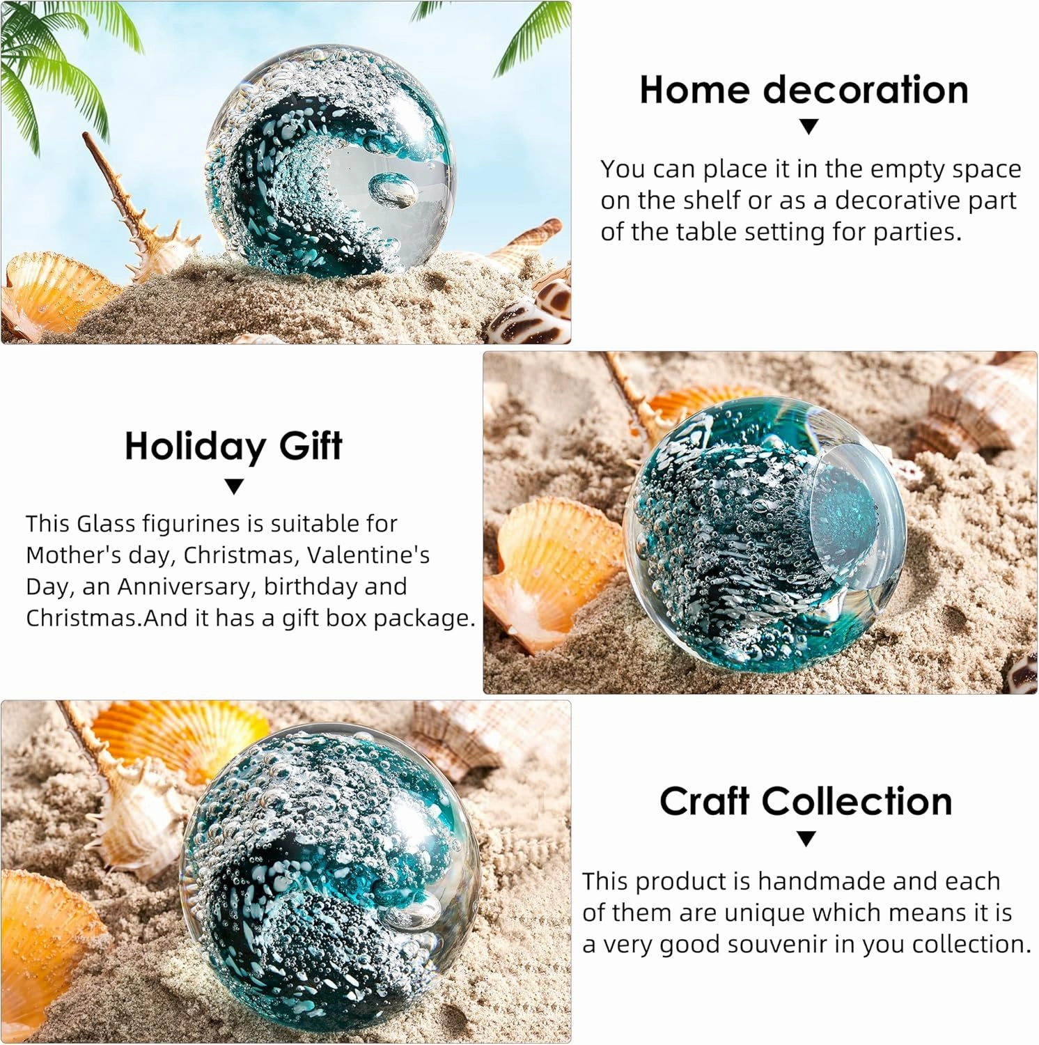 EUSTUMA Hand Blown Glass Figurines Ball Ocean Waves,Paperweight Glass Ball,Home Decor Collectible,Aquarium Decor,Office Decor Ocean Lovers