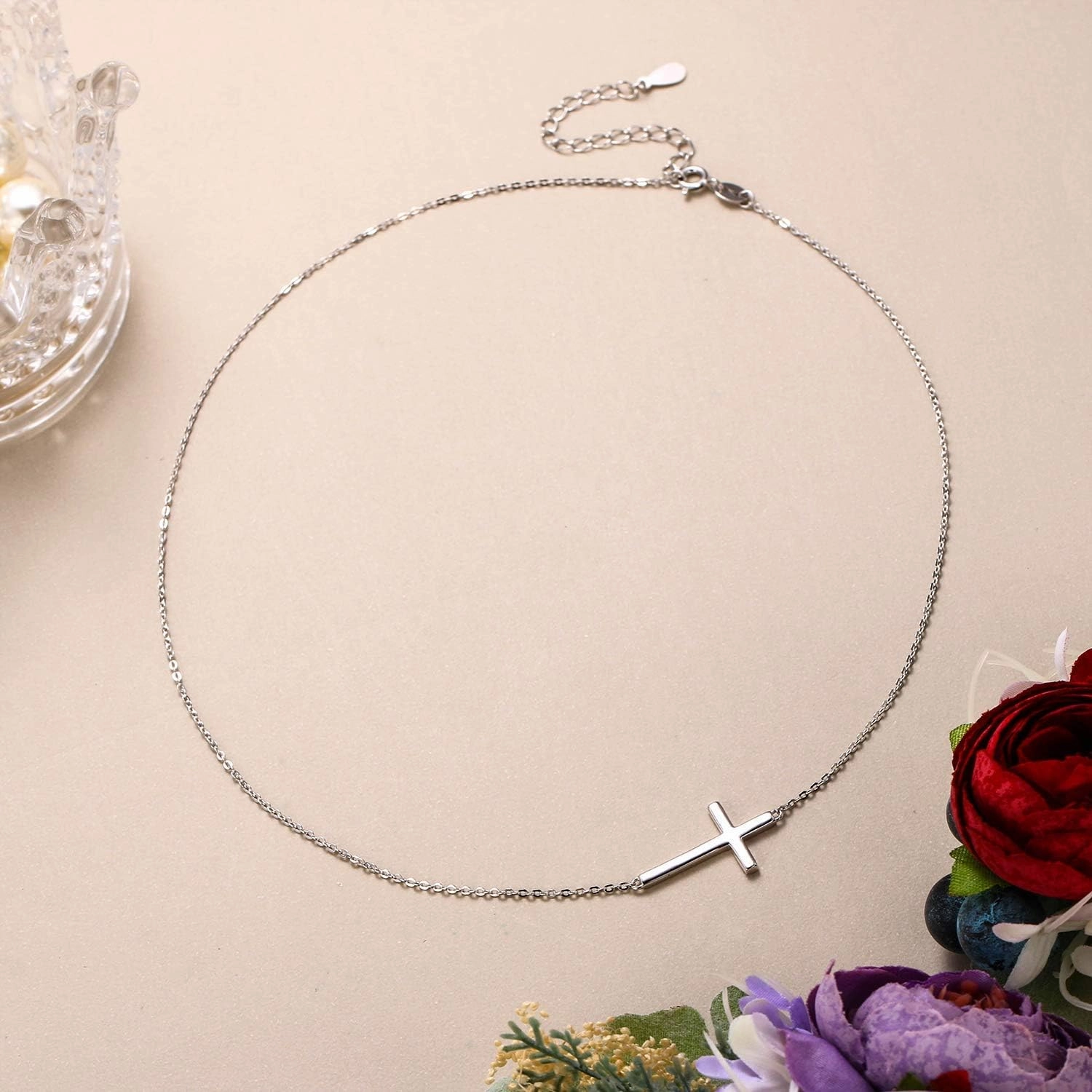 EVER FAITH 925 Sterling Silver Simple Sideways Cross Pendant Choker Necklace Birthday/Mothers Day/Valentines/Christmas Jewelry Gift for Women
